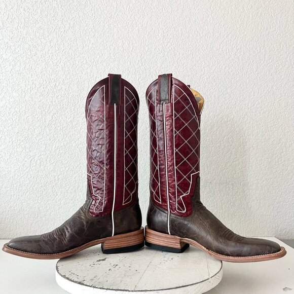 Rod Patrick Mens Cowboy Boots 9A Brown Mocha Bison Red Top Square Toe Western - Picture 7 of 13